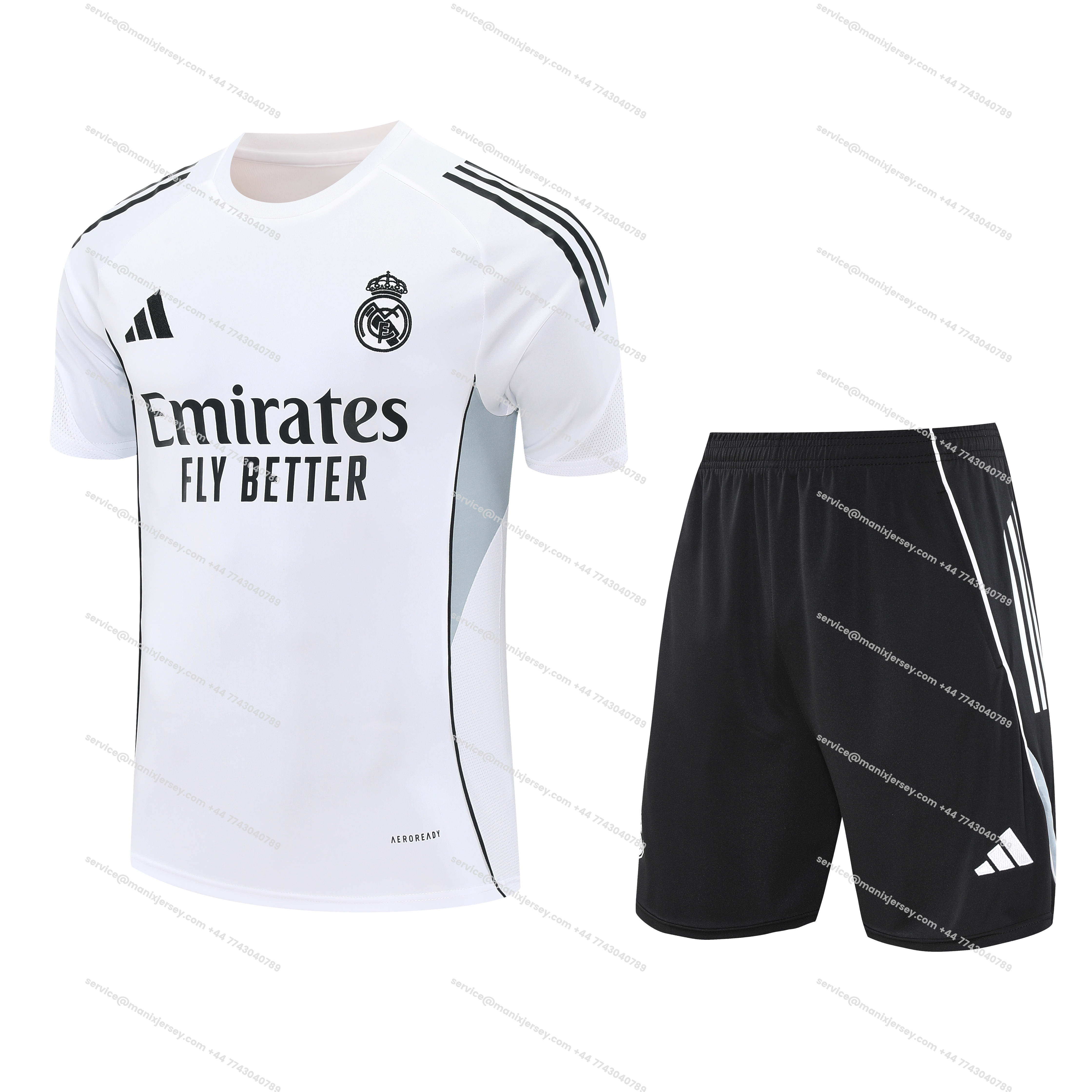 Real Madrid 25-26 Short-Sleeve Training Set - Grey And White Top & Black Shorts - JerseysGala