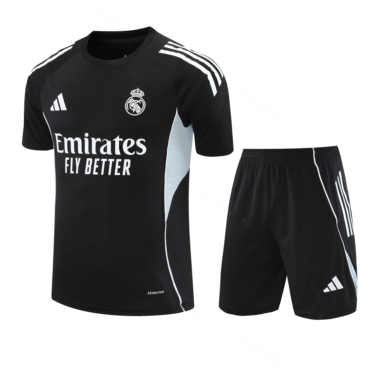 Real Madrid 25-26 Short-Sleeve Training Set - Light Grey Stripes Black Top & Black Shorts - JerseysGala