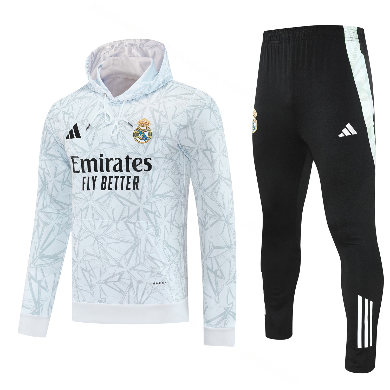 Real Madrid 25-26 Traning Hoodie Set - Triangular Spots White Hoodie With Black Pants - JerseysGala