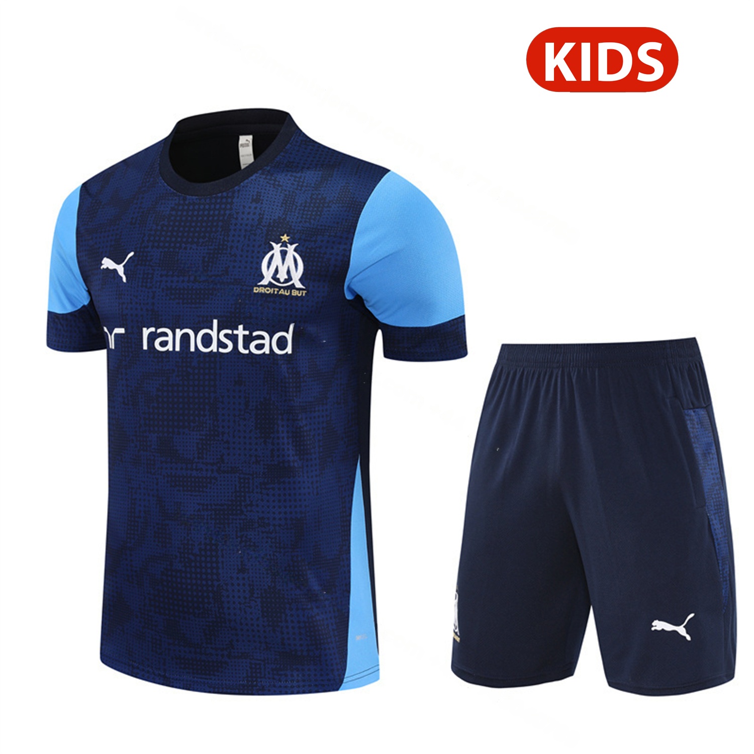 Marseille 25-26 Kids Short-Sleeve Training Set - Royal Blue Top & Royal Blue Shorts - JerseysGala
