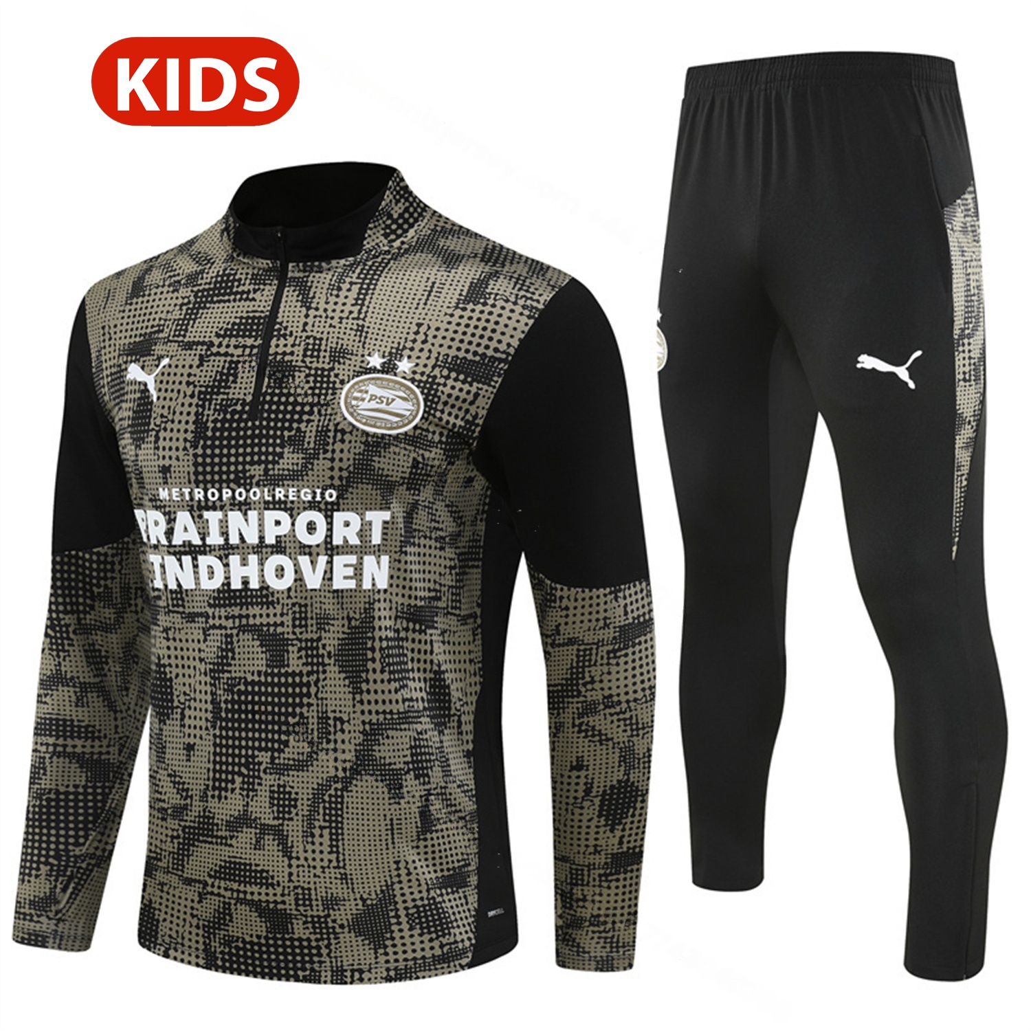 PSV Eindhoven 25-26 Kids Long Sleeve Training Set - Army Green Top & Black Pants - JerseysGala