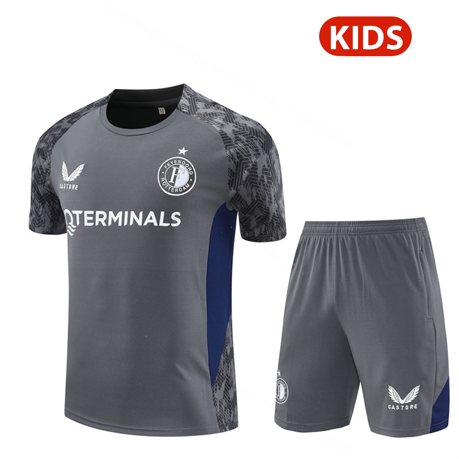 Feyenoord 25-26 Kids Short-Sleeve Training Set - Dark Gray Top & Dark Gray Shorts - JerseysGala