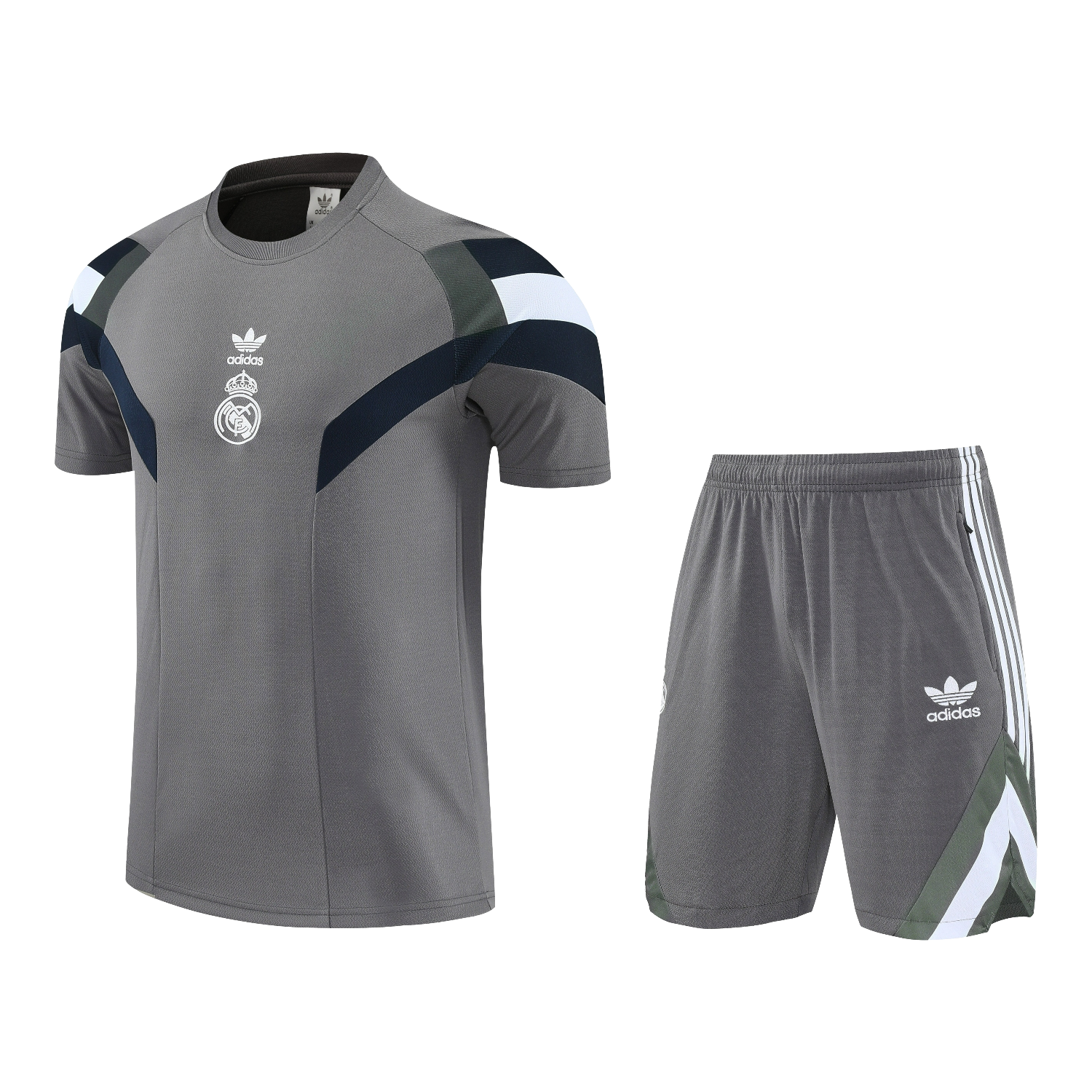 Real Madrid 25-26 Short-Sleeve Training Set With White Logo - Gray Top & Gray Shorts - JerseysGala