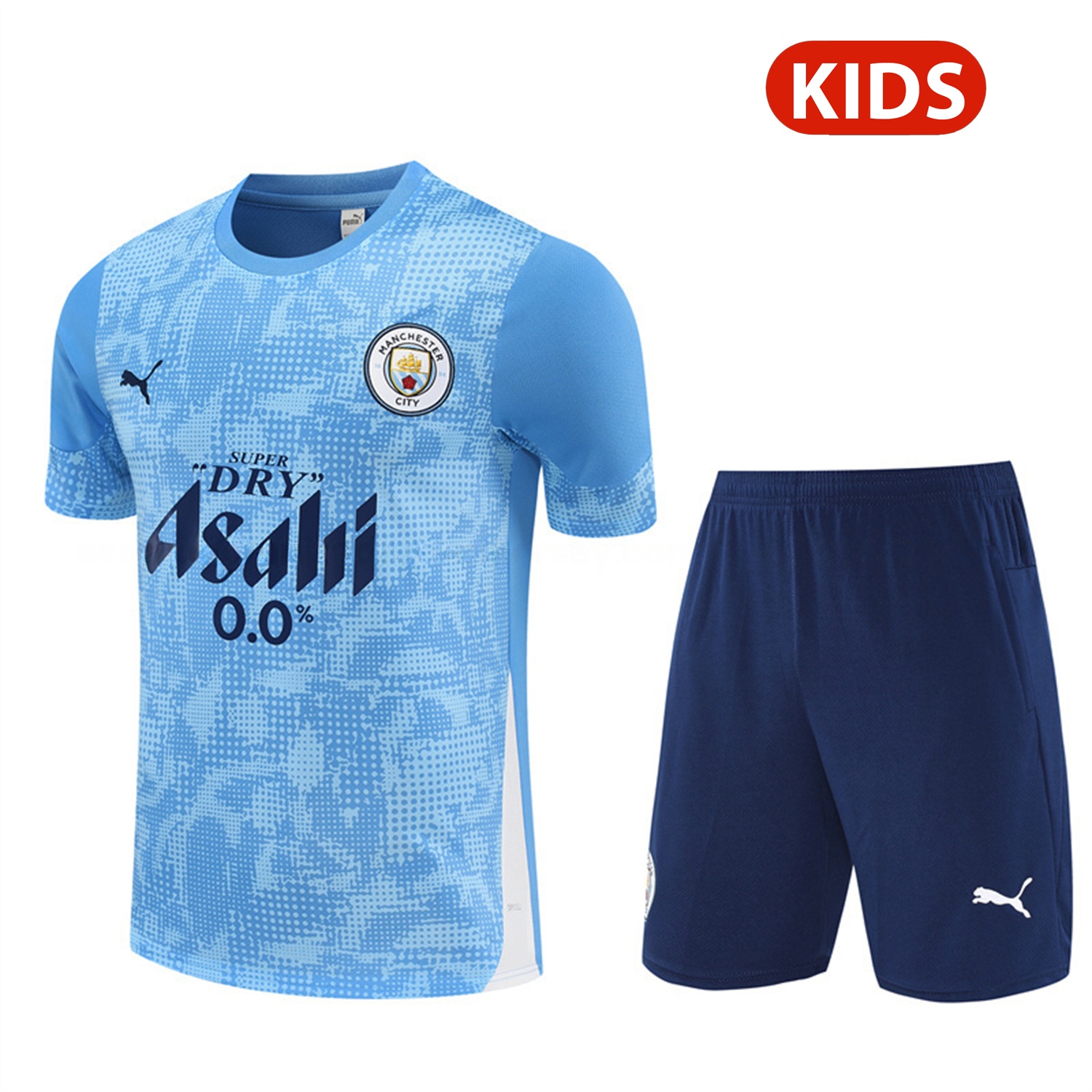 Manchester City 25-26 Kids Short-Sleeve Training Set - Light Blue Camouflage Top & Deep Blue Shorts - JerseysGala