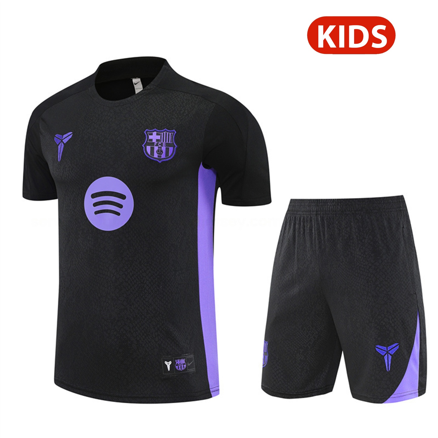 Barcelona 25-26 X KB Kids Short-Sleeve Training Set - Black Blue Top & Black Shorts - JerseysGala