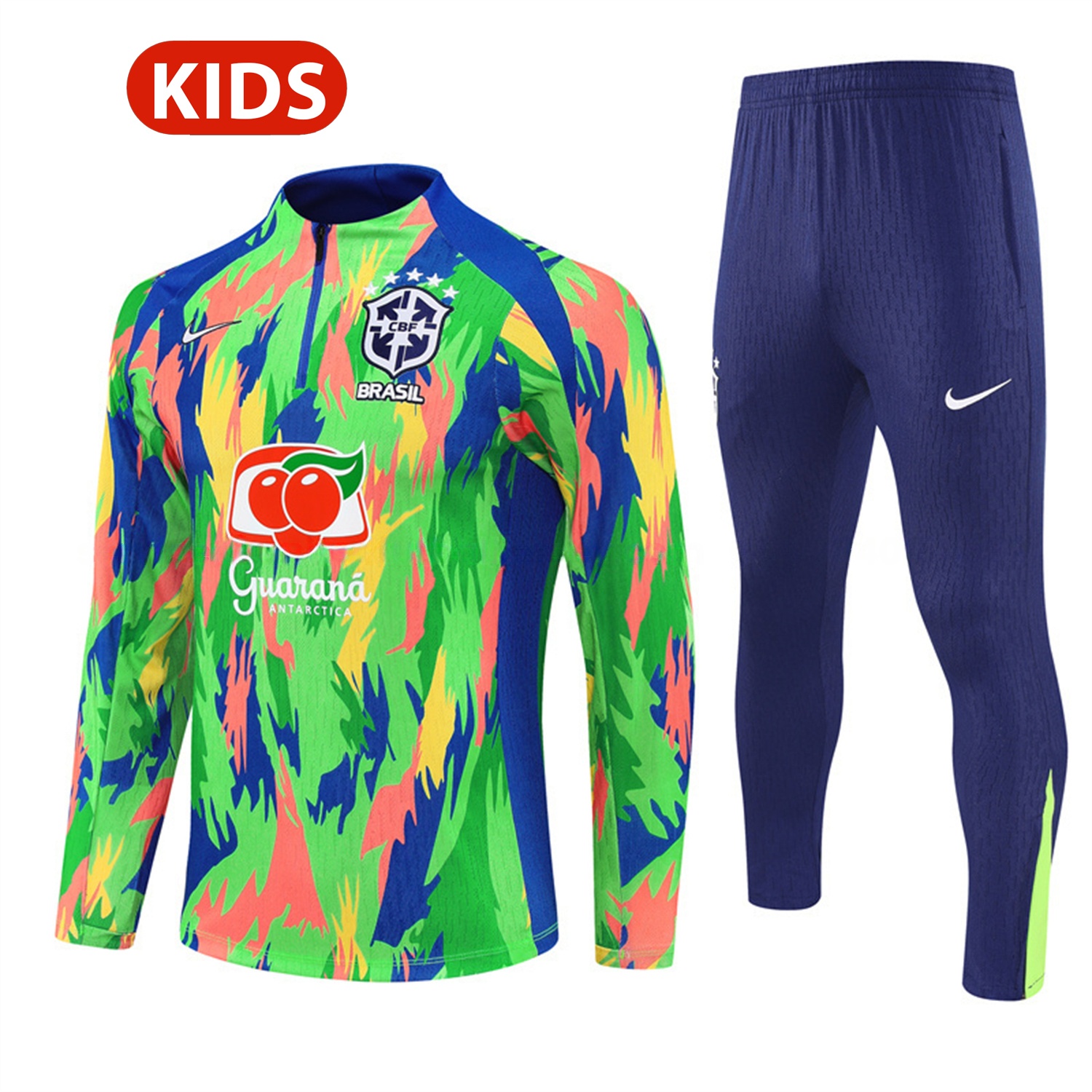 Brazil 25-26 Kids Long Sleeve Training Set - Colorful Camouflage Top & Royal Blue Pants - JerseysGala