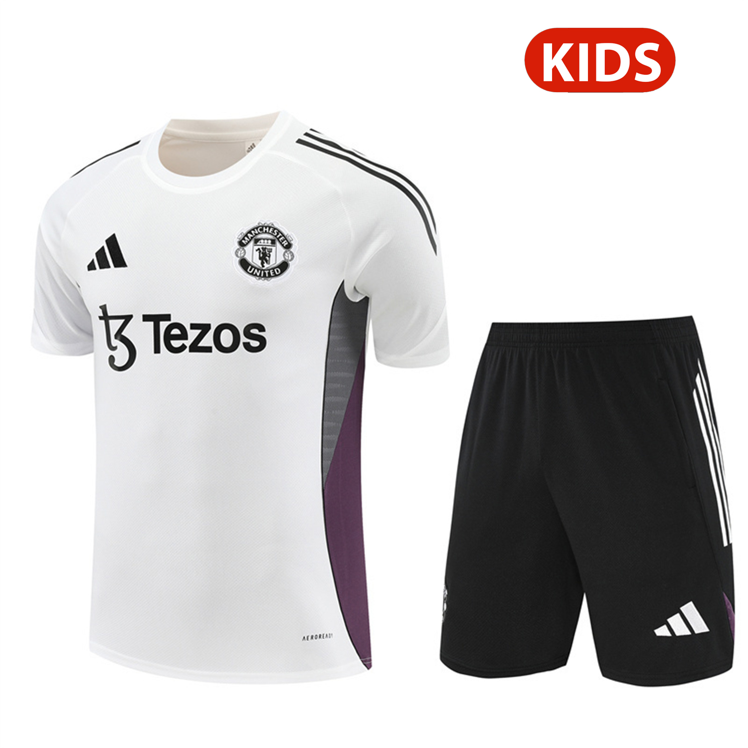 Manchester United 25-26 Kids Short-Sleeve Training Set - White Purple Top & Black Shorts - JerseysGala