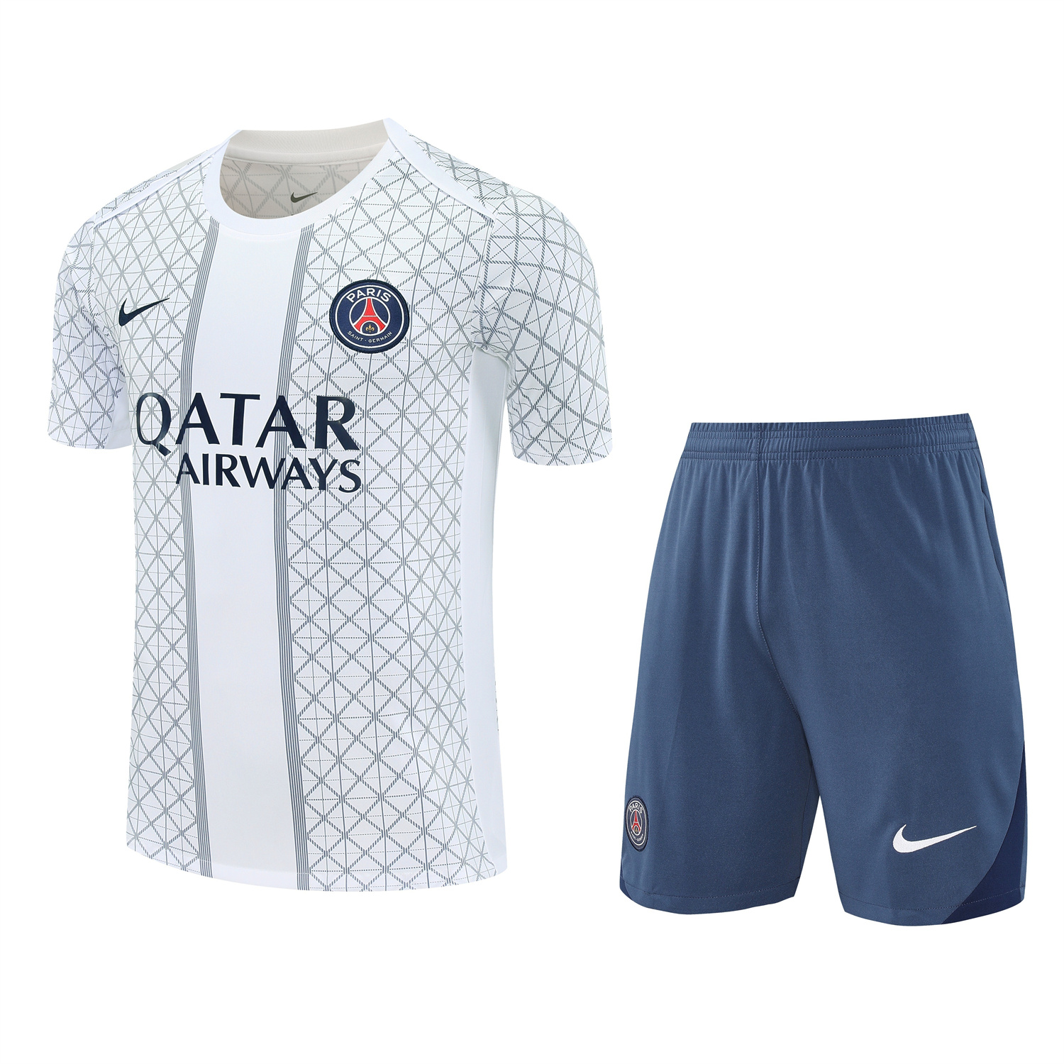 Paris Saint-Germain PSG 25-26 Short-Sleeve Training Set - White Top & Deep Blue Shorts - JerseysGala