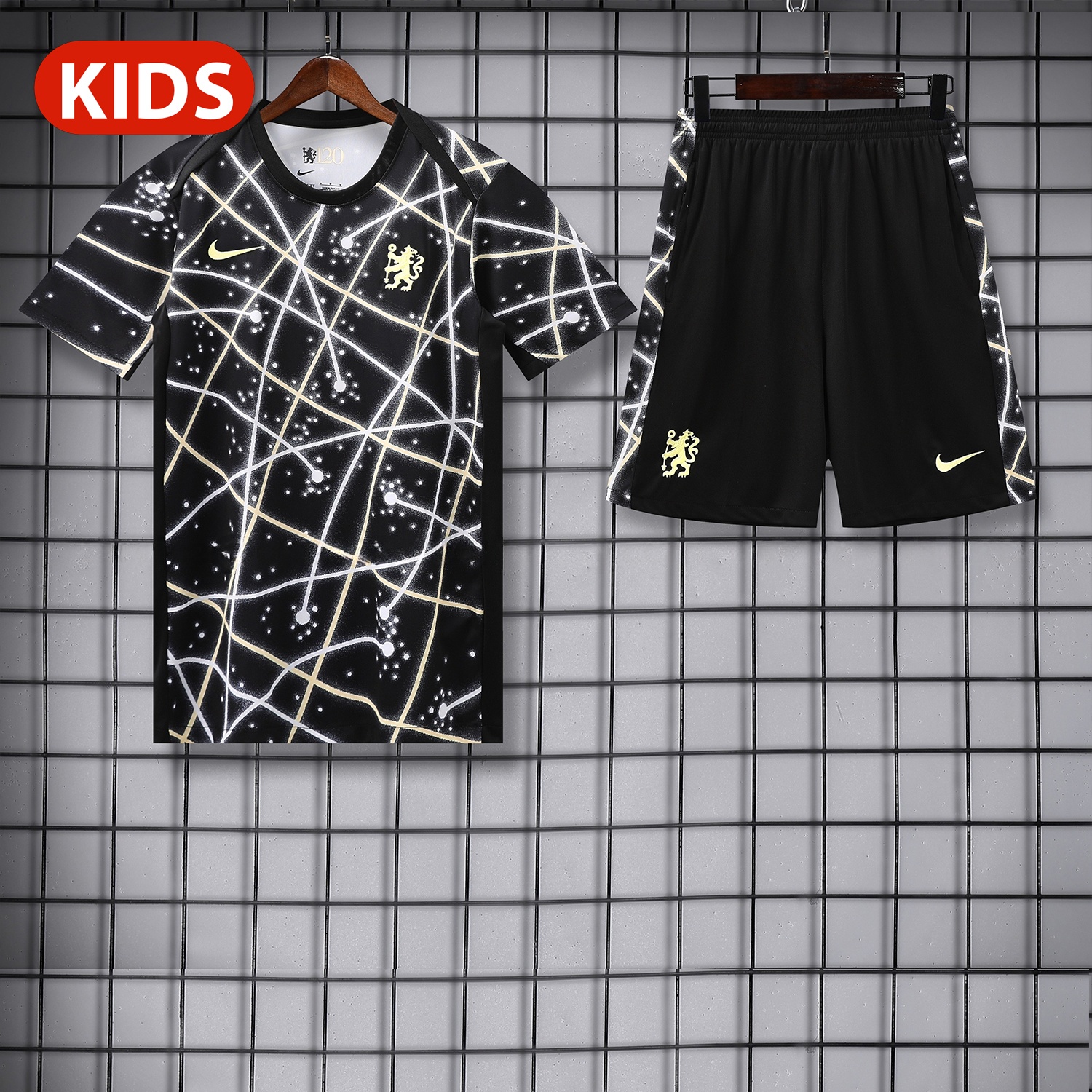 C.H.E.L.S.E.A 25-26 Kids Short-Sleeve Training Set - Yellow Fluorescent Rays Black Top & Black Shorts - JerseysGala